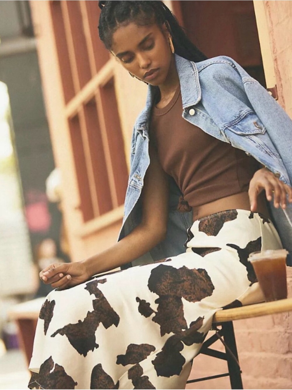 Anthropologie Cream Midi Skirt with Brown Cow-Print